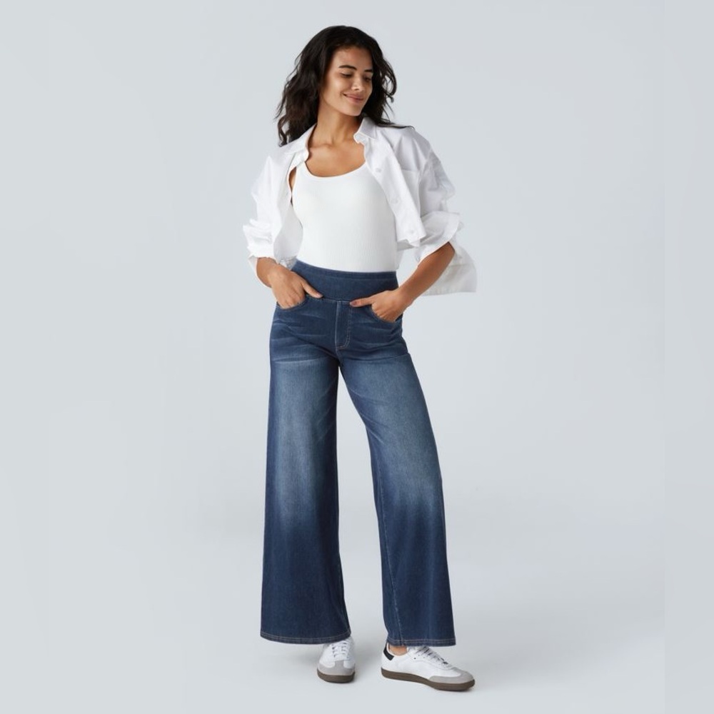 HALARA Flex Blue Denim High Waist Wide Leg 4 Pocket Jeans Women’s S NWT